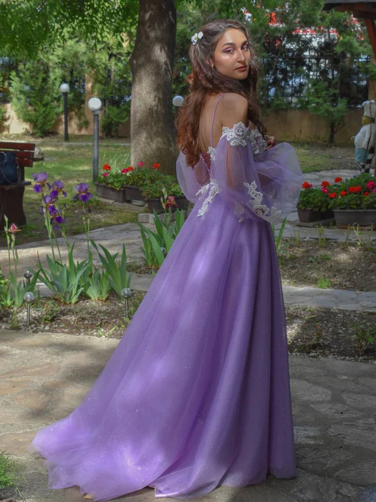 Vestidos formales para mujer, hermosos vestidos de fiesta de tul con flores, corte A, mangas largas, vestidos de fiesta, tienda de vestidos de fiesta